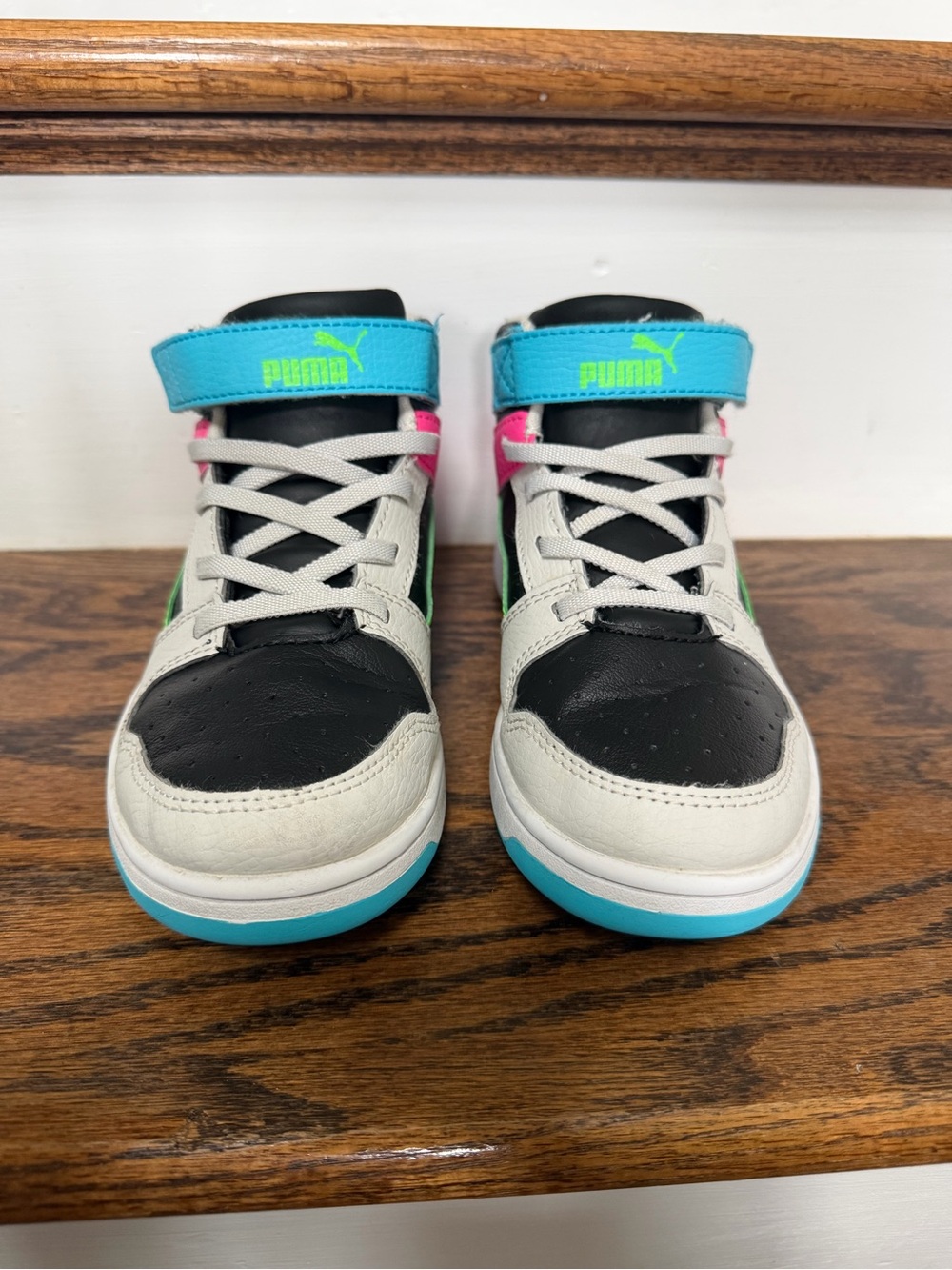 Puma Kids' Mid-Top Sneakers in Black, White, Turquoise & Pink